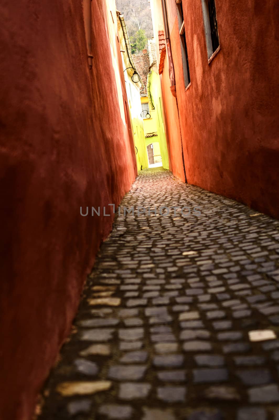 narrow street with red walls  in old town