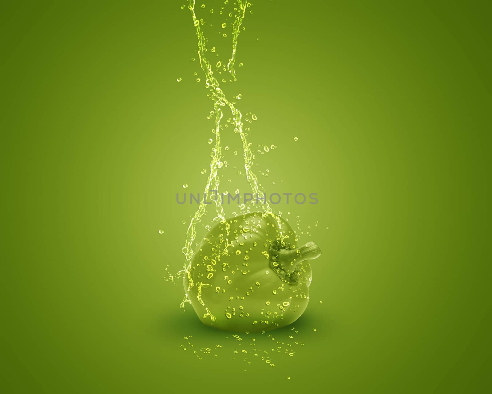 Fresh Green bell pepper with water splashes on green background.