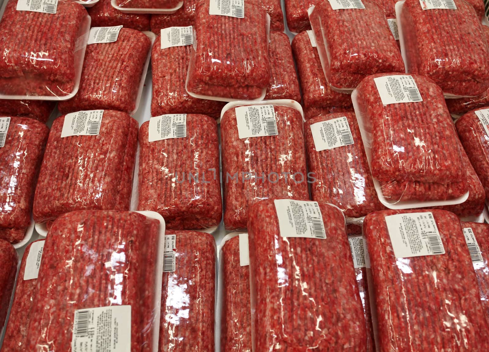 Meat products laid out and packed in a shop window