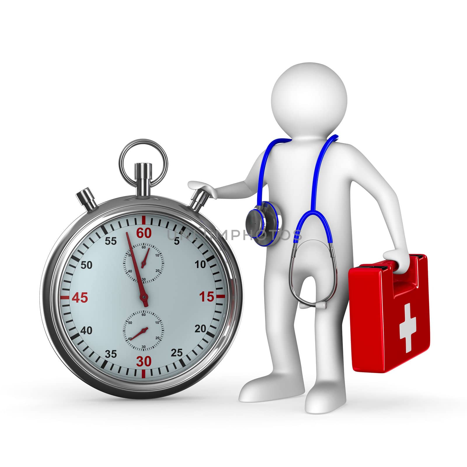 doctor with stethoscope and stopwatch on white background. Isolated 3D image