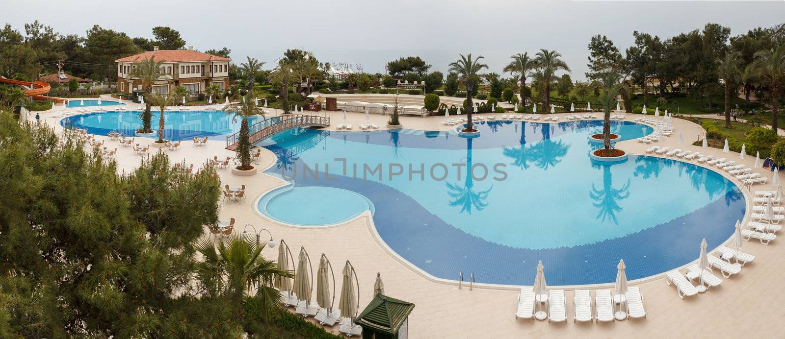 Panorama of swimming pool with nobody at morning