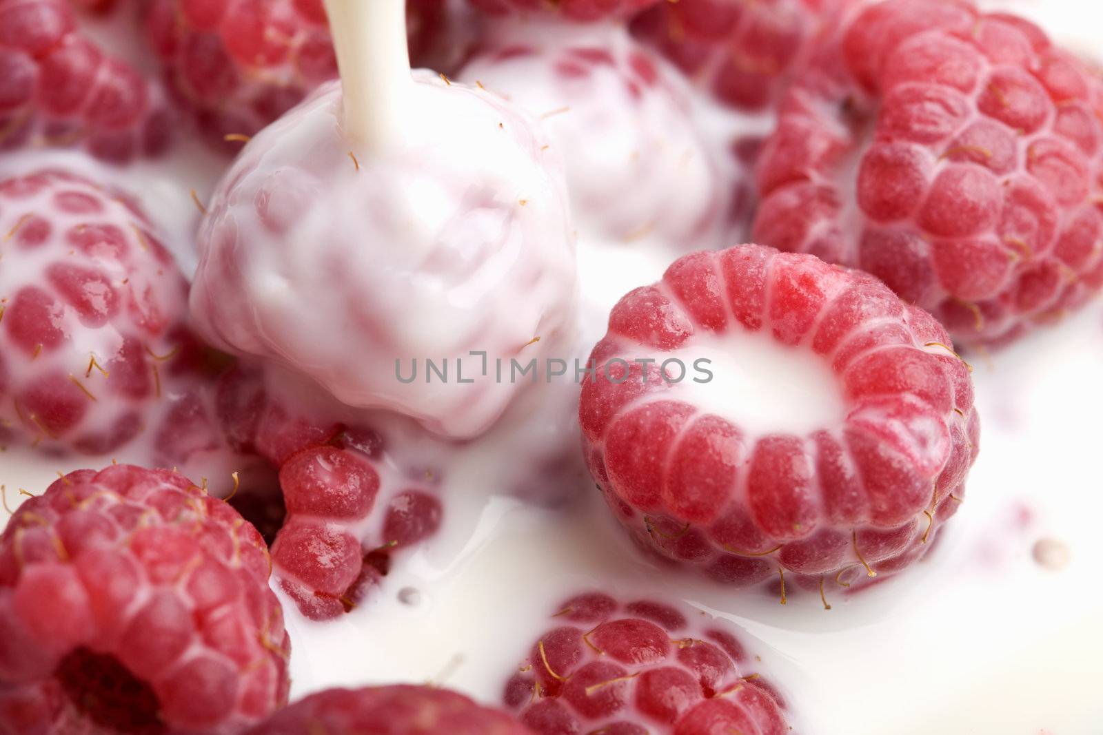 milk pouring onto fresh raspberries