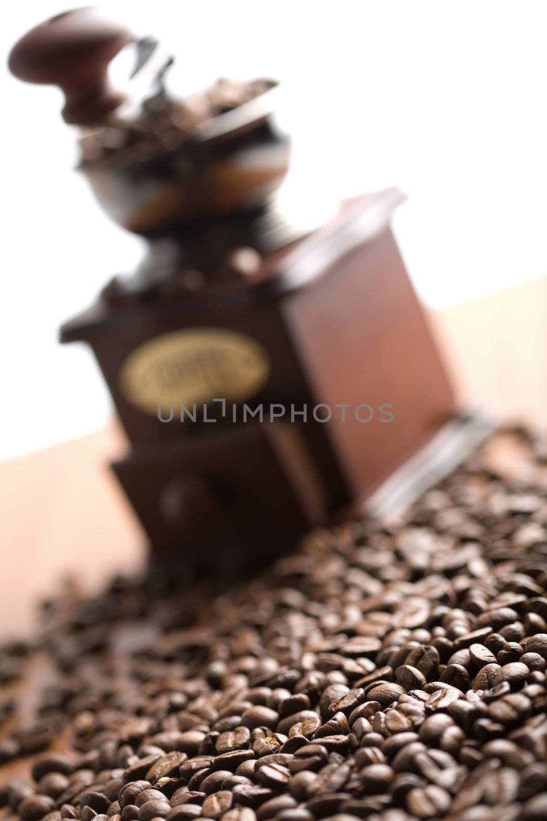 roasted coffee beans and coffee gringer isolated