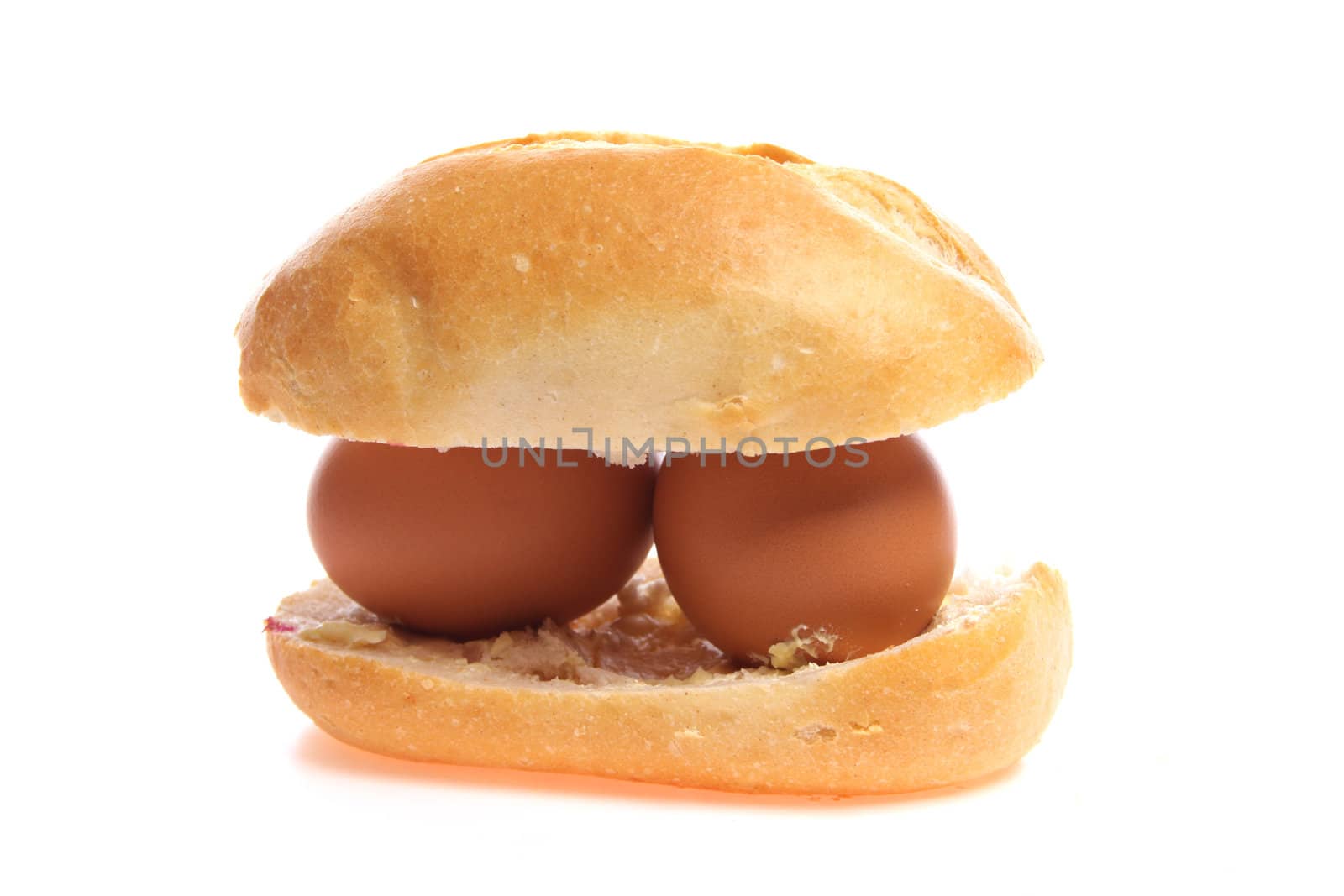 Eggs on a bun isolated against a white background with copy space