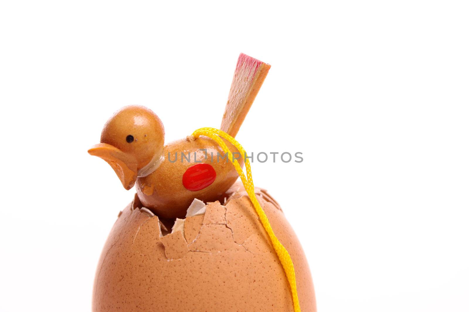 Little wooden chicken coming out of an egg isolated against a white background with copy space