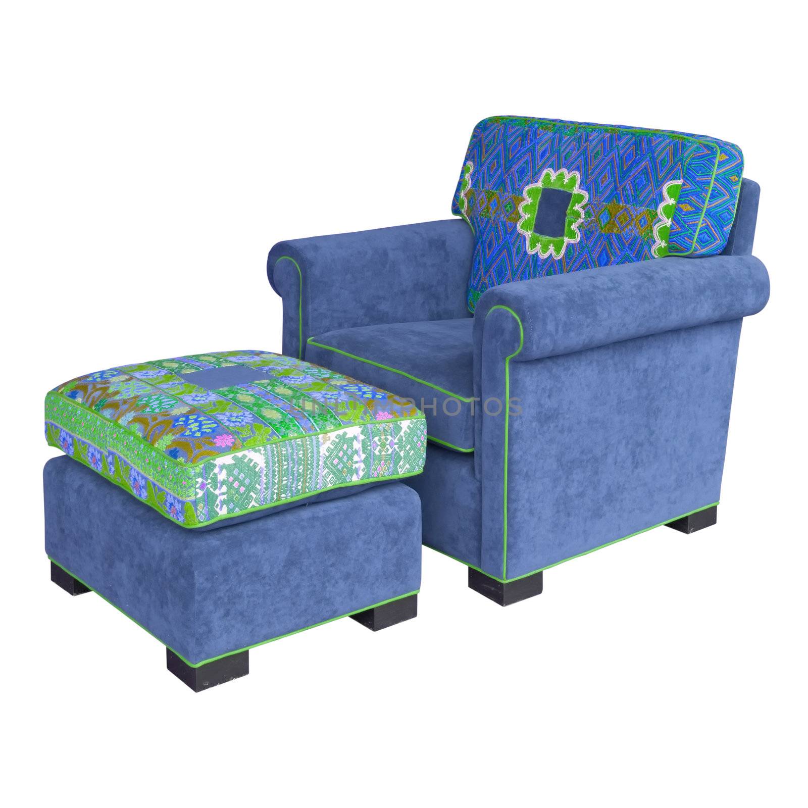 Blue Fabric armchair and stool by nuttakit