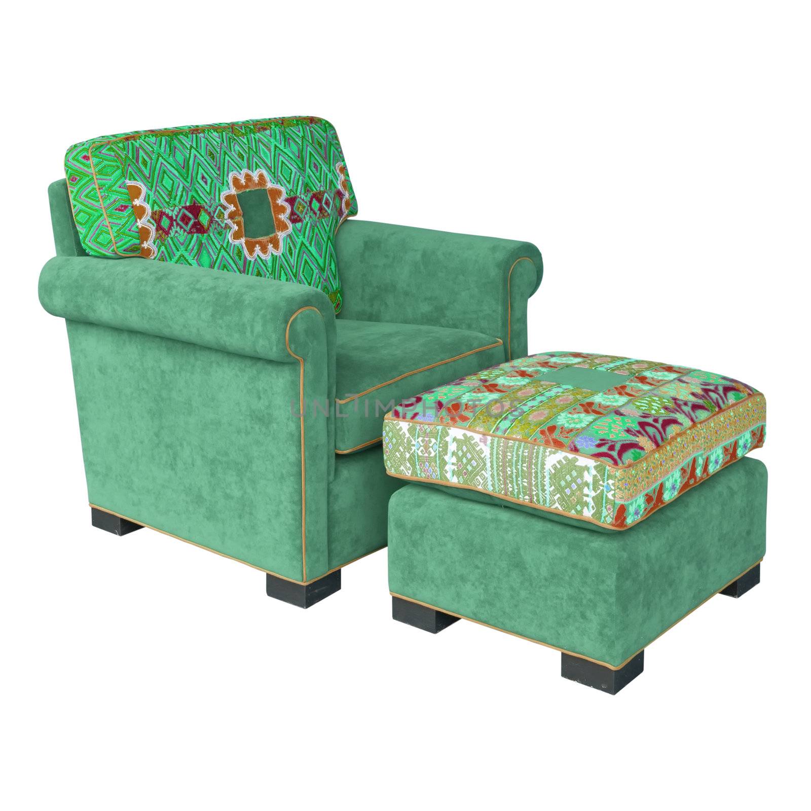 Green Fabric armchair and stool by nuttakit