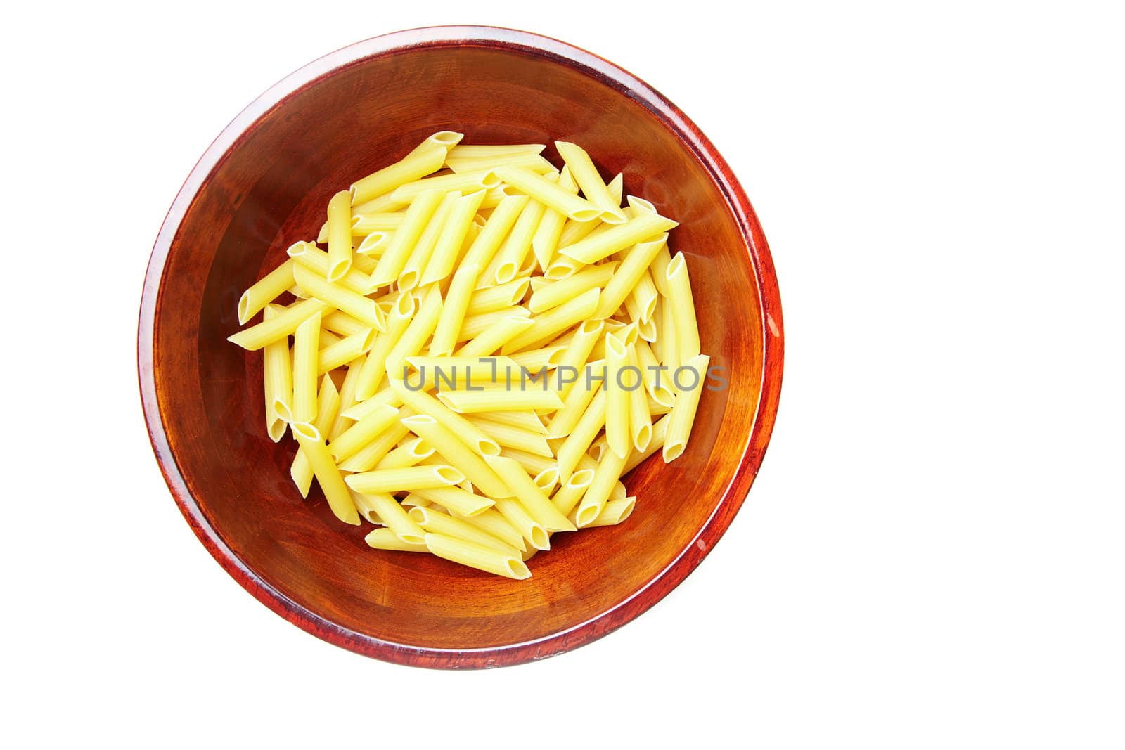 Close-up photo of the wooden cup with macaroni on a white background