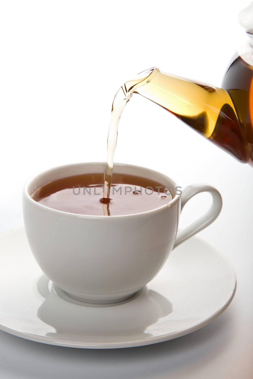 tea pouring into white cup isolated
