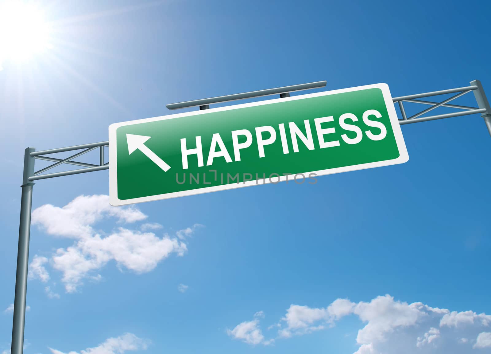 Illustration depicting a highway gantry sign with a happiness concept. Blue sky background.