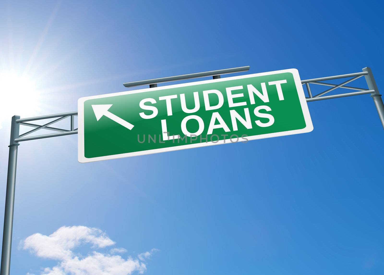 Illustration depicting a highway gantry sign with a student loans concept. Blue sky background.