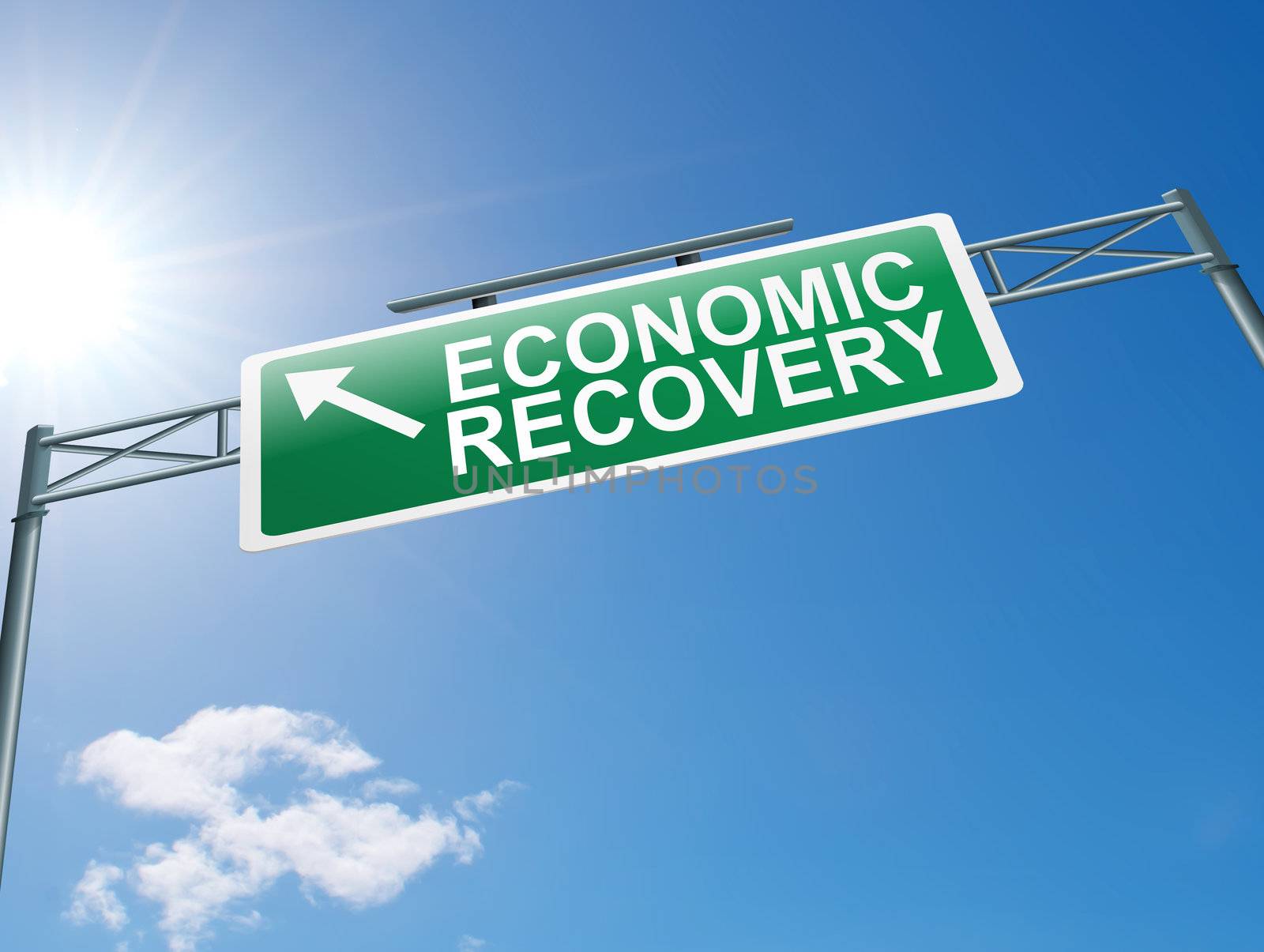 Illustration depicting a highway gantry sign with an economic recovery concept. Blue sky background.