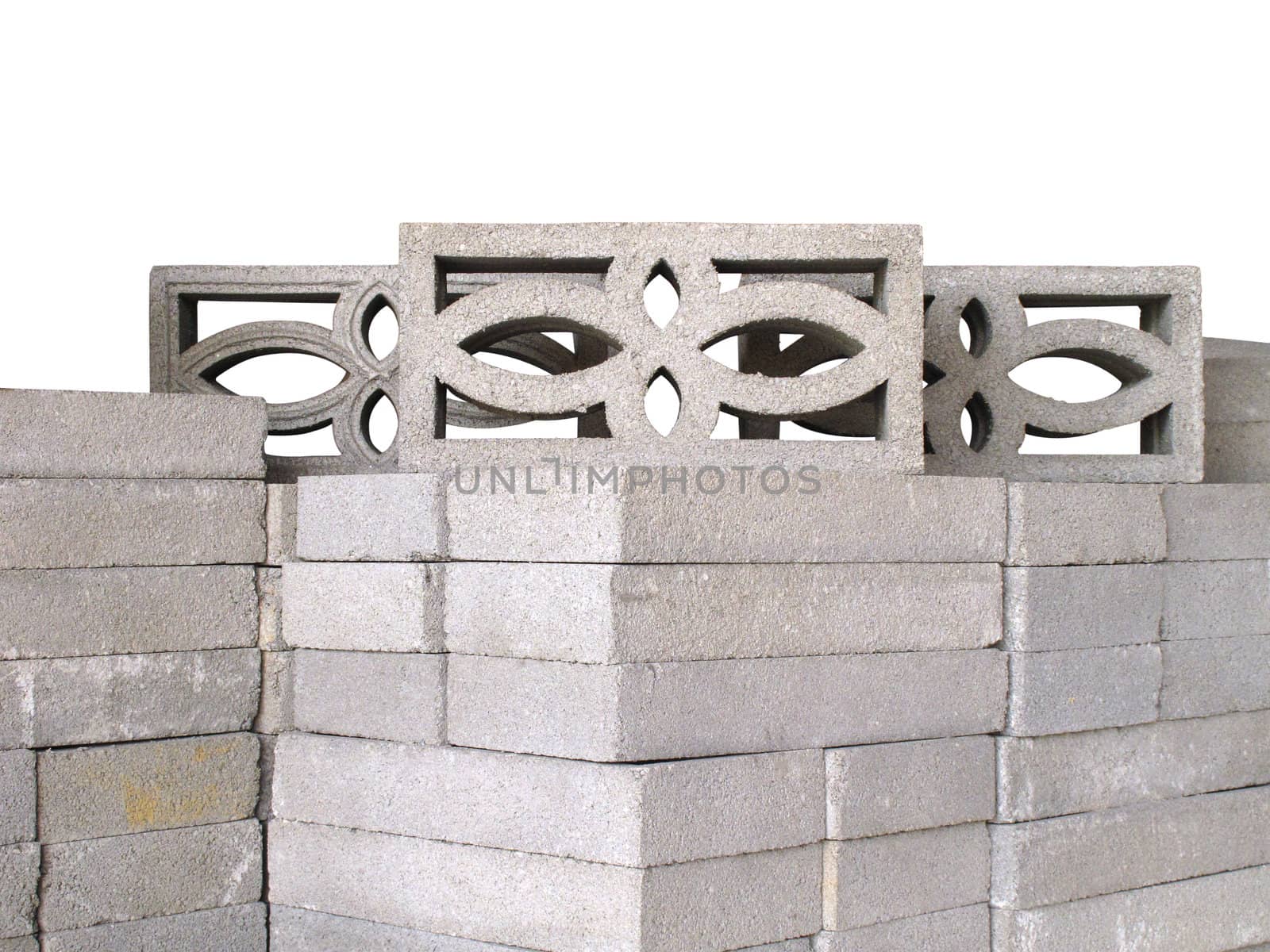 Stack of concrete ventilation blocks isolated with clipping path