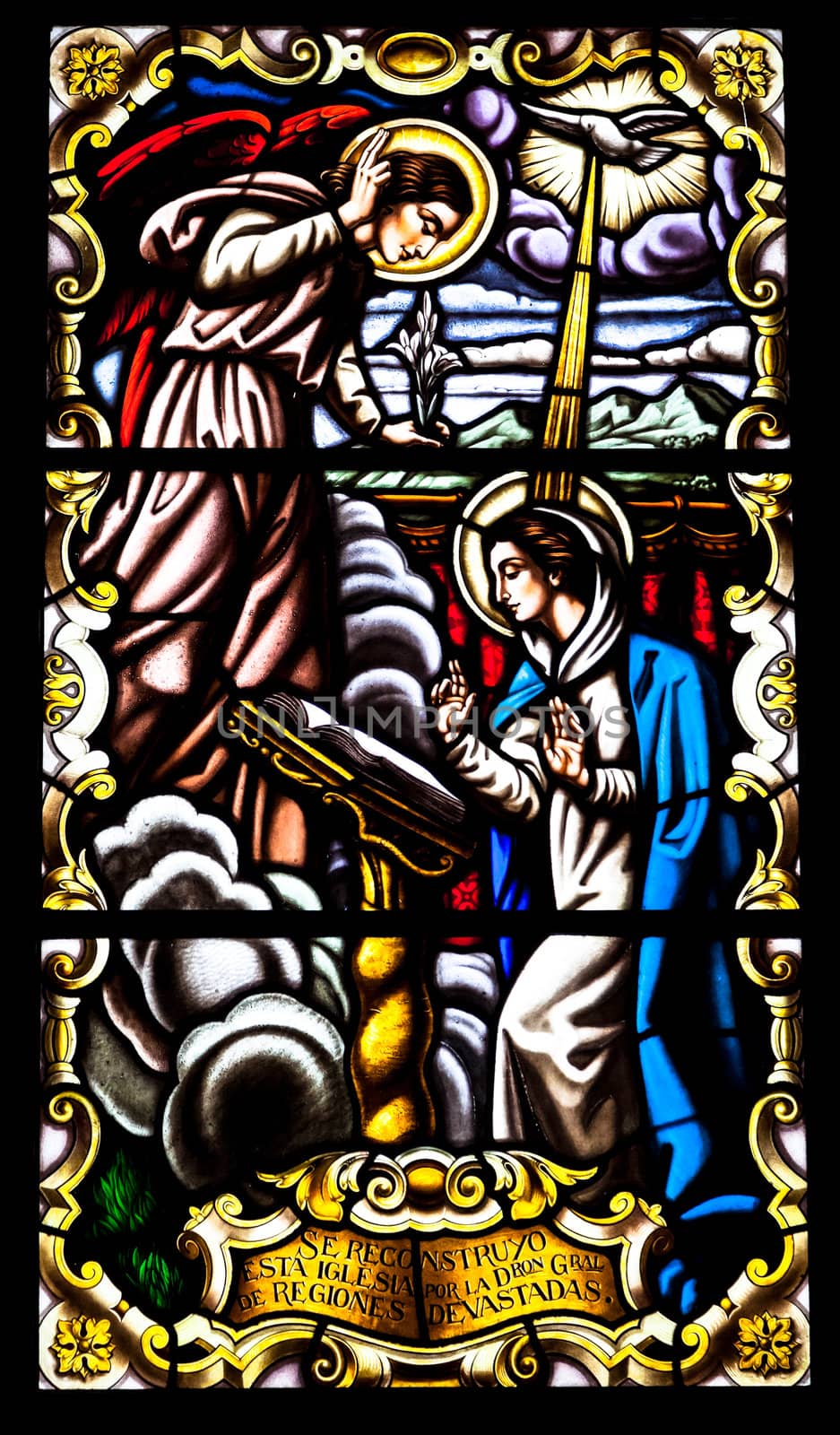 Wonderful ancient stained glass window formed of multiple colors of the Church of Santa  Cruz, Cadiz, Spain