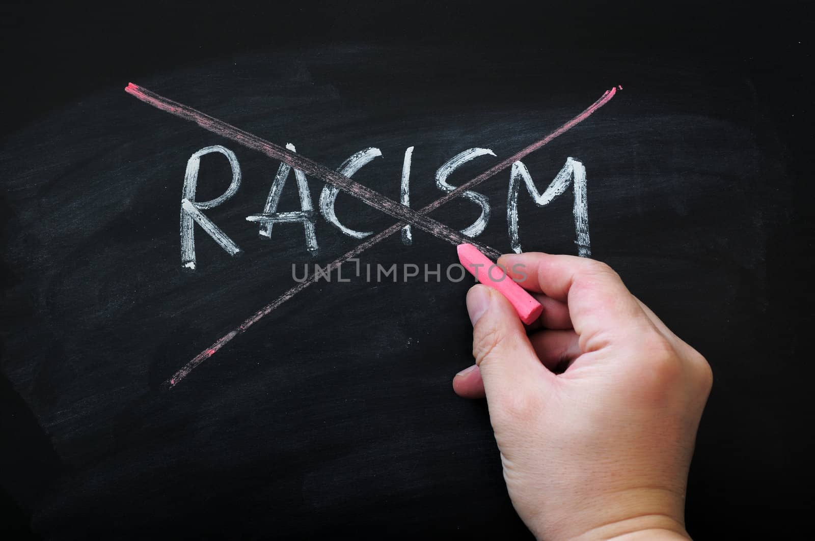 Cross out racism on a smudged blackboard background with red chalk holding in hand
