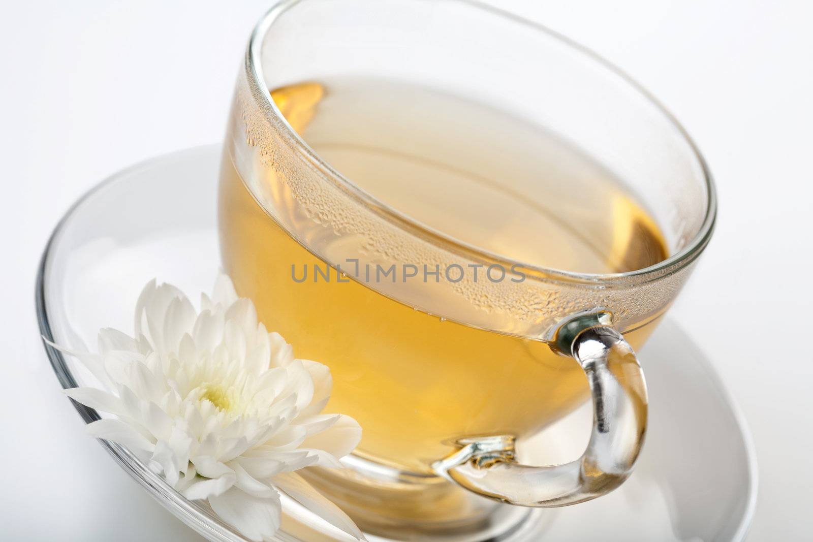cup of green tea and white flower
