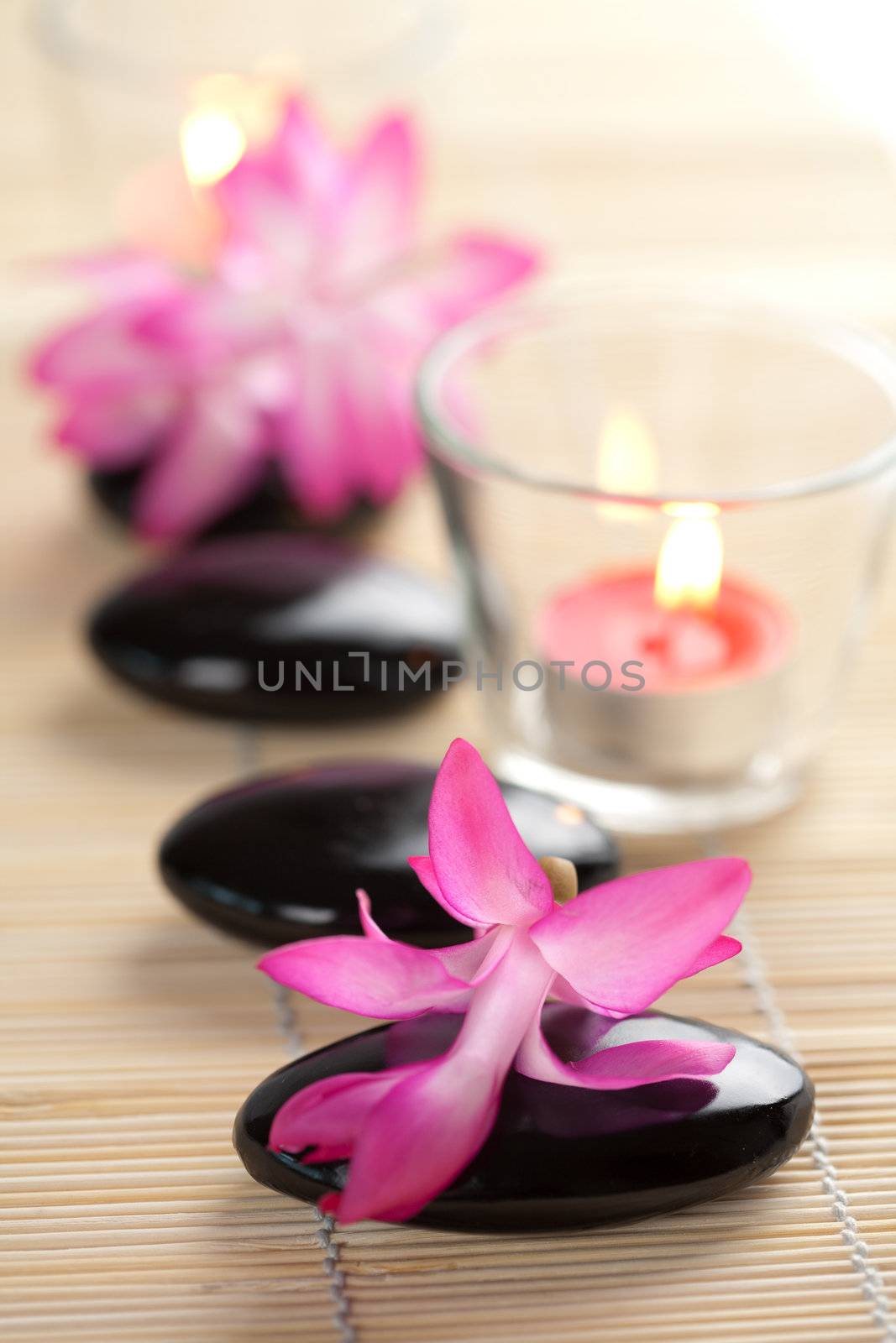 spa stones and pink flowers over bamboo mat

