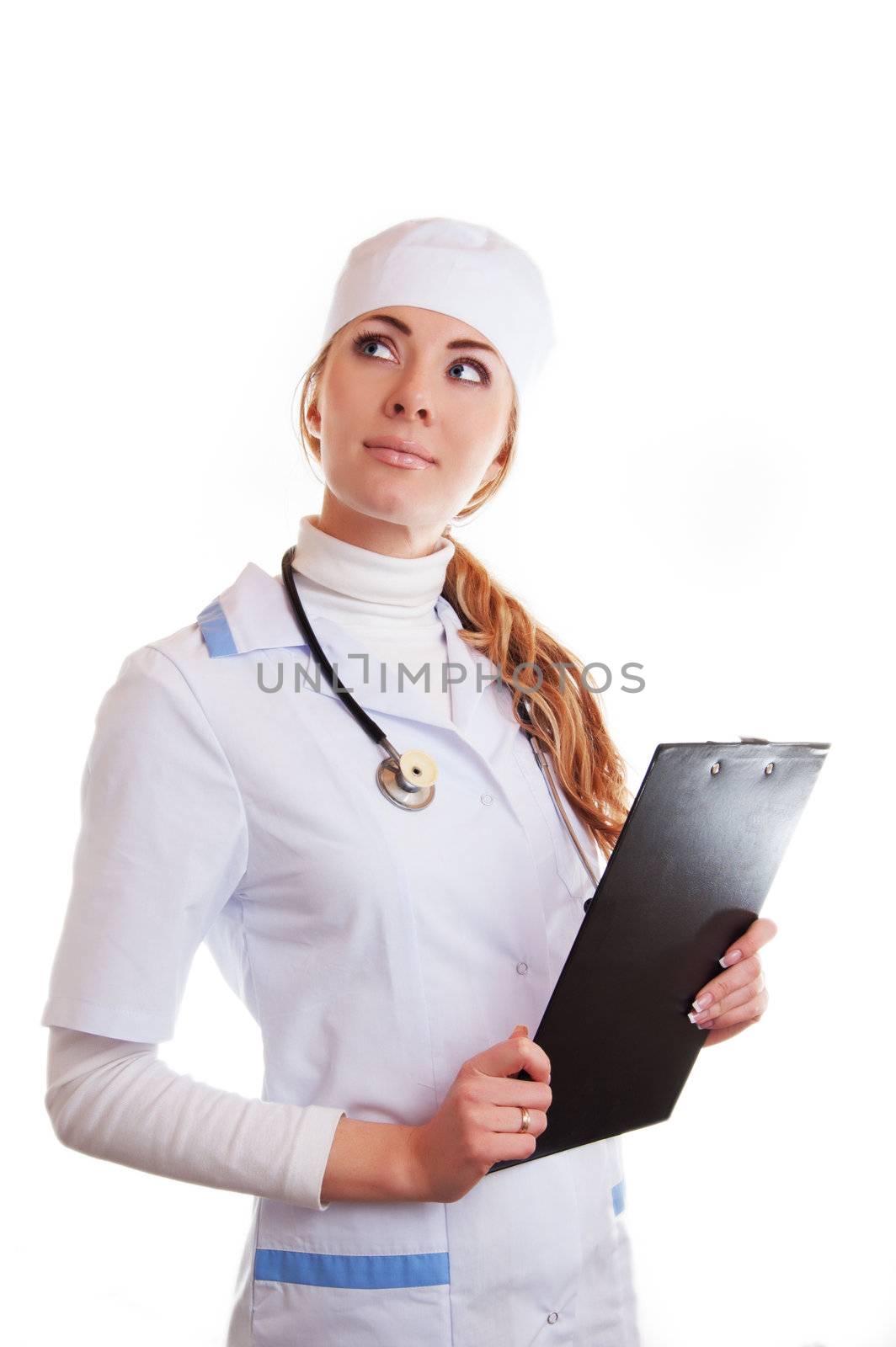 Medical doctor woman with stethoscope and papers isolated over white looking up