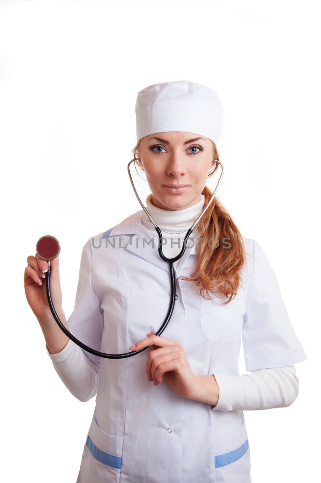 Pretty medical doctor woman with stethoscope isolated on white