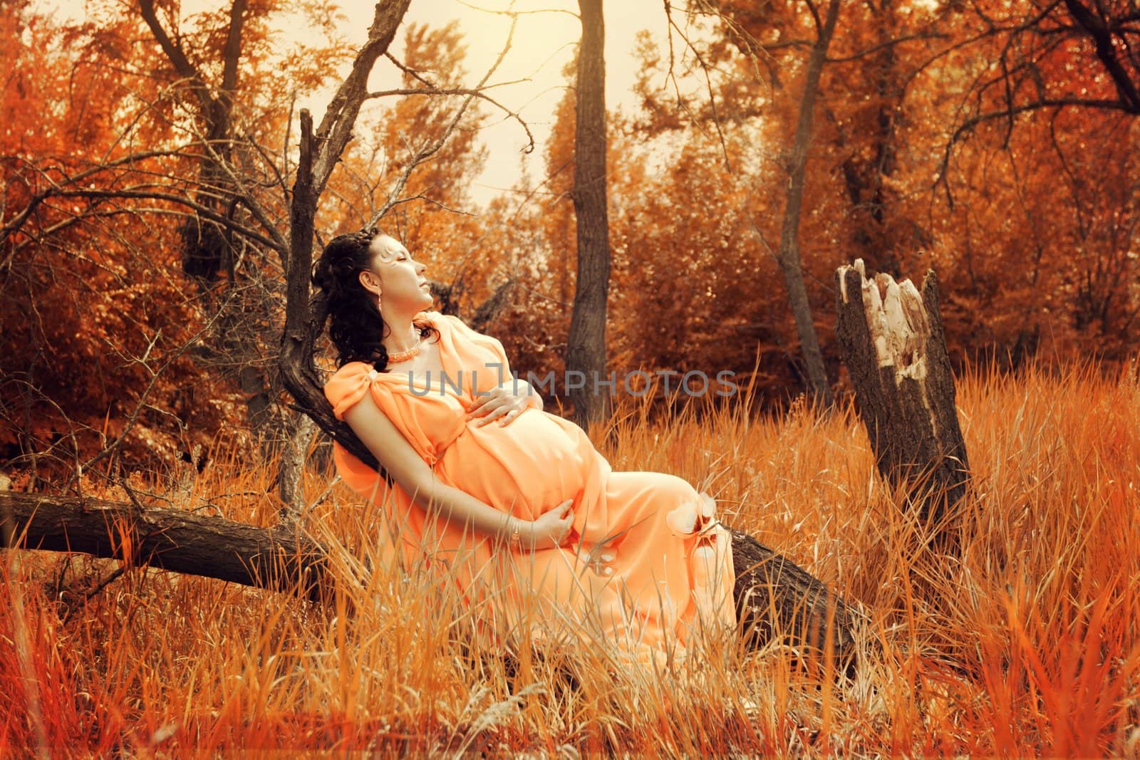 A pregnant woman in the red forest is sitting on a fallen tree.