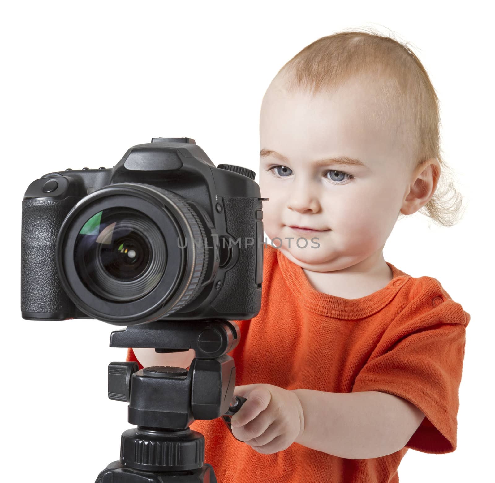 young child with digital SLR camera isolated on white background