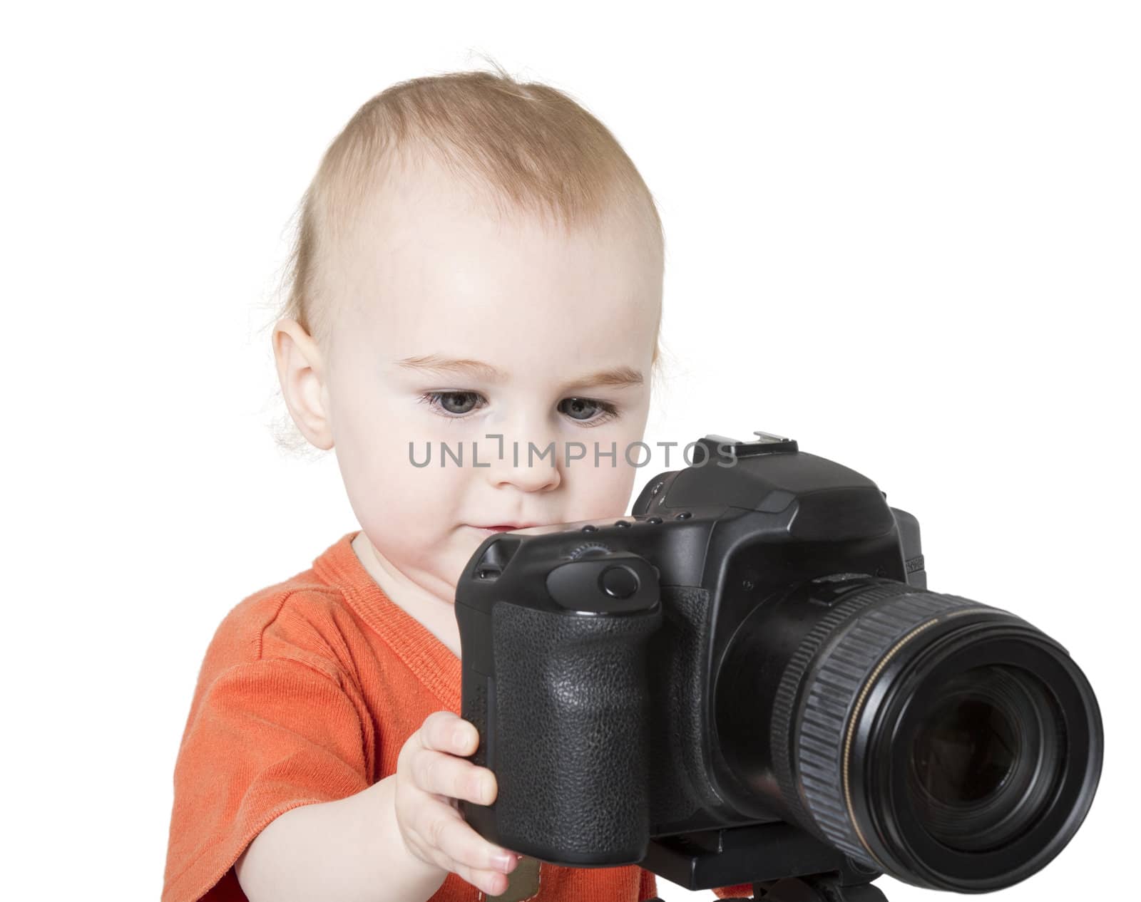 young child with digital SLR camera isolated on white background