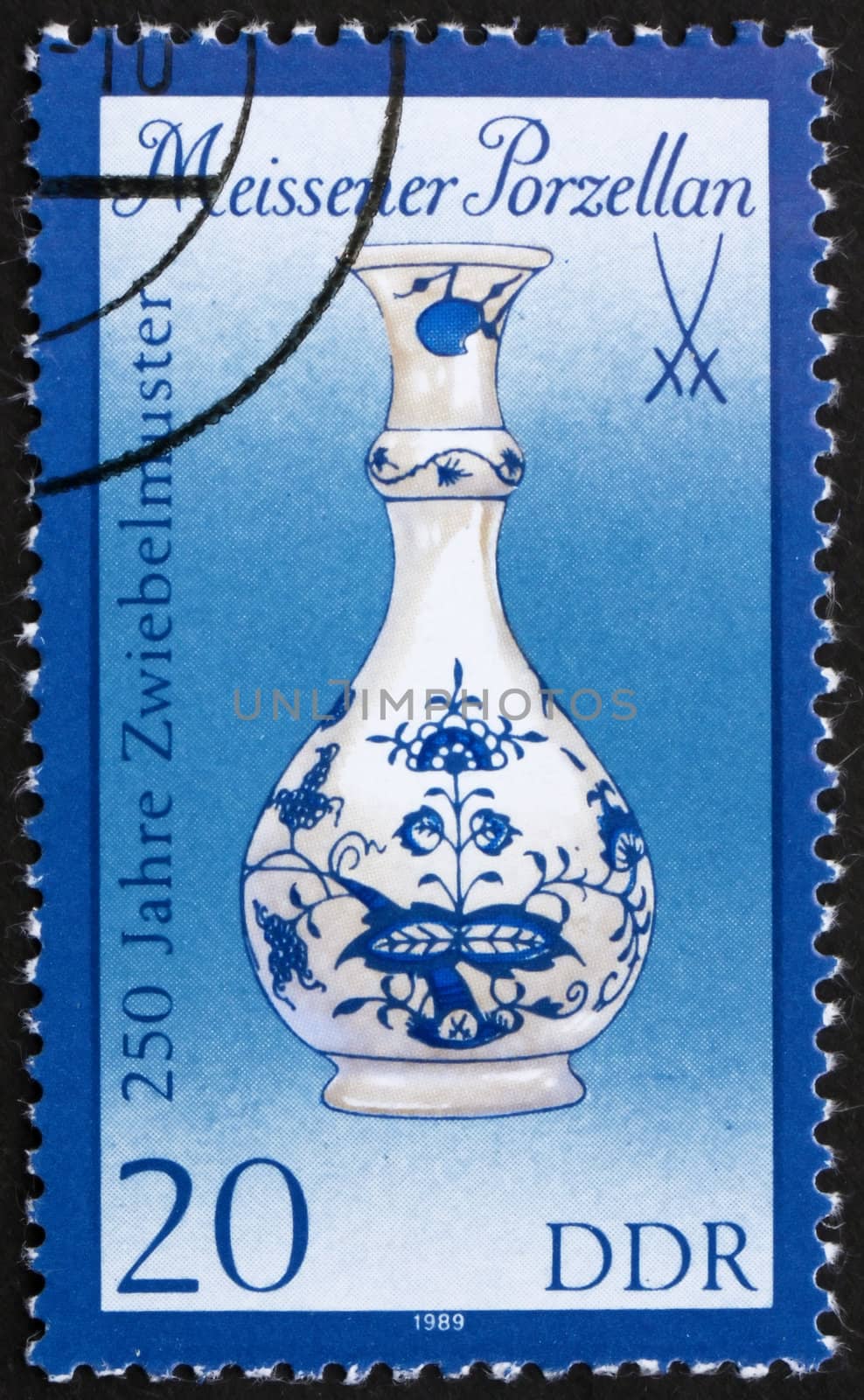 GDR - CIRCA 1989: a stamp printed in GDR shows Vase, 250th Anniversary of Meissen Onion-pattern Porcelain and Sword Emblem, circa 1989