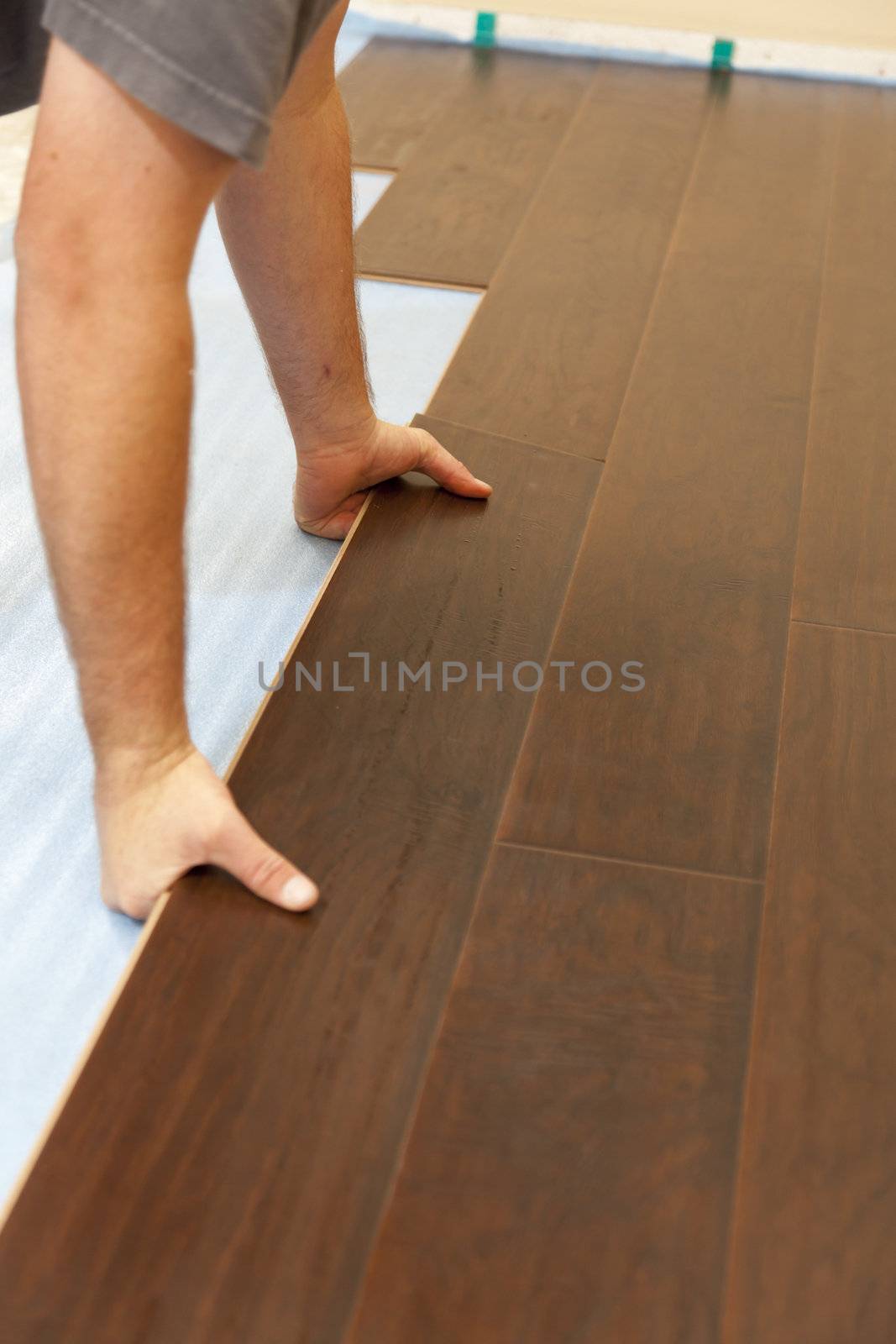 Man Installing New Laminate Wood Flooring by Feverpitched