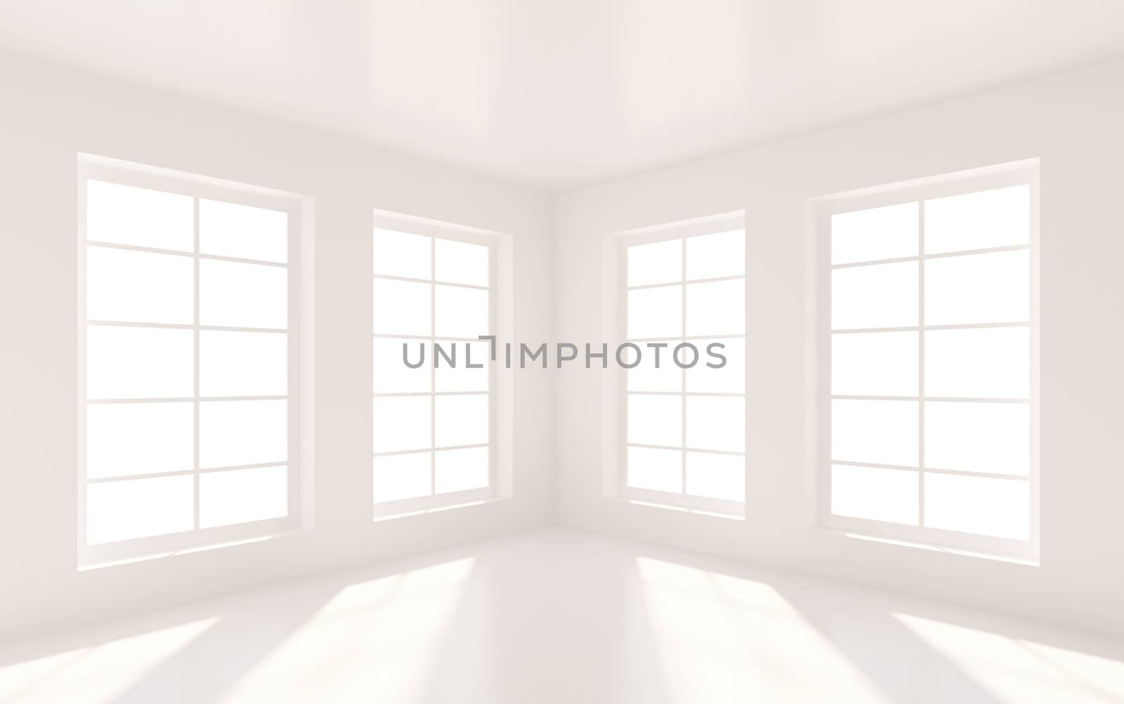 3d Illustration of White Room Interior with Windows