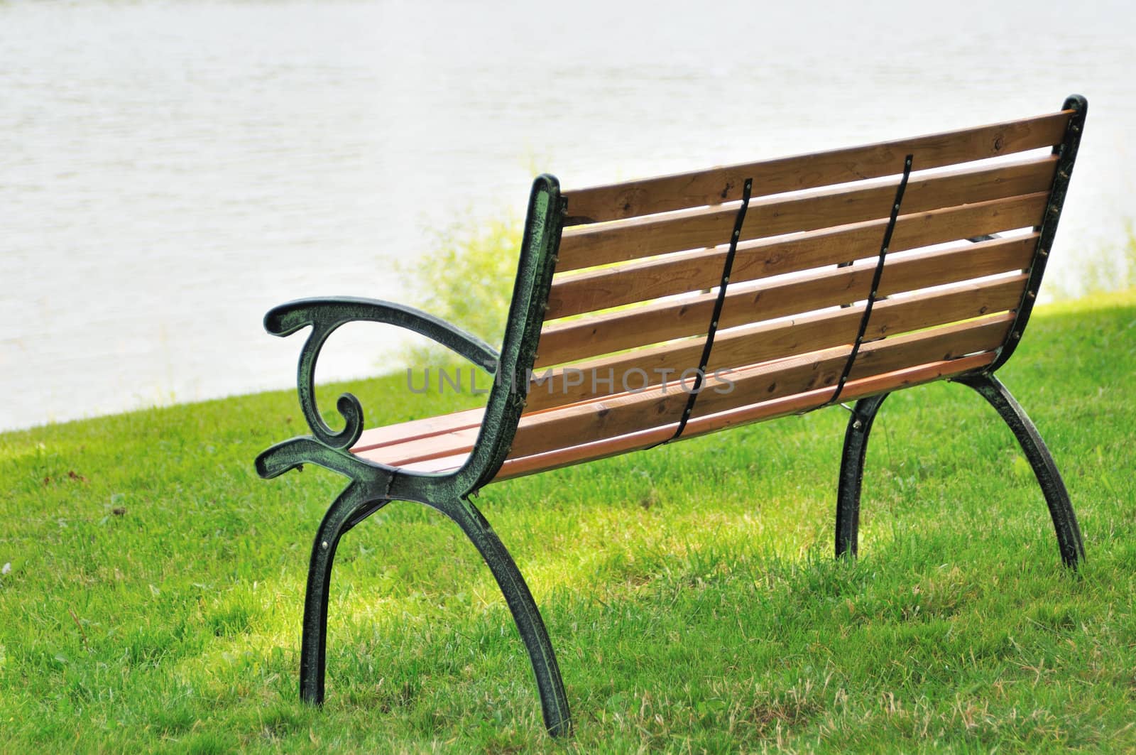 Empty bench on green grass in park by river