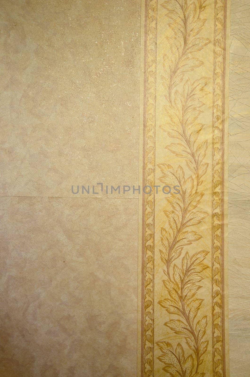 Wallpaper on the wall. Paper background with horizontal leafy bar.