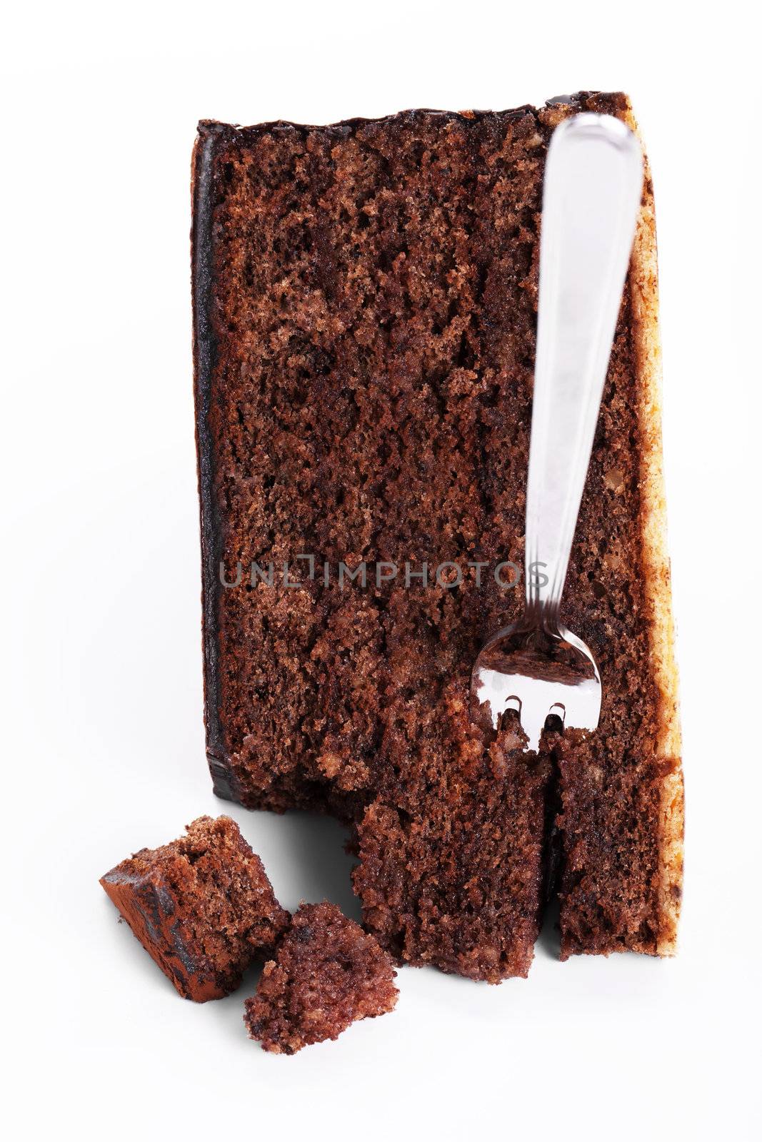 fork sticks in a broken chocolate cake on white background
