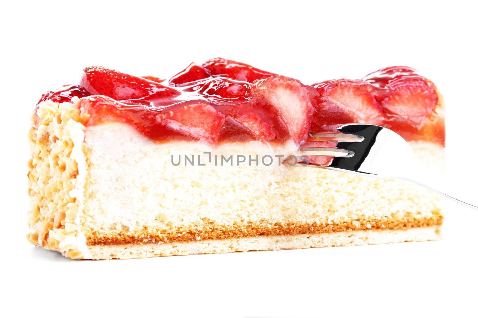 piece of a strawberry cake with a fork on white background
