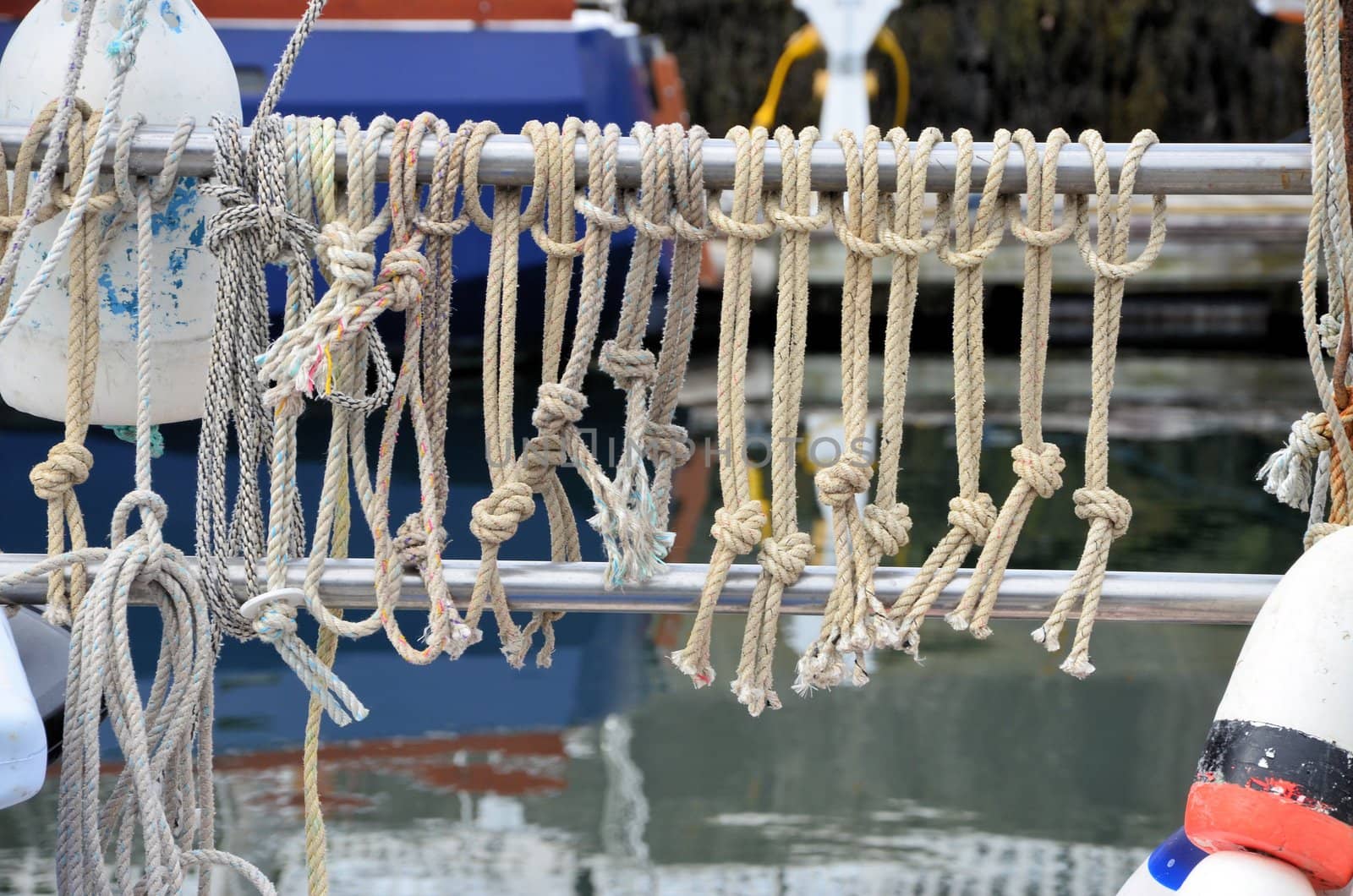 Rope tied on a lobster boat ready to be used