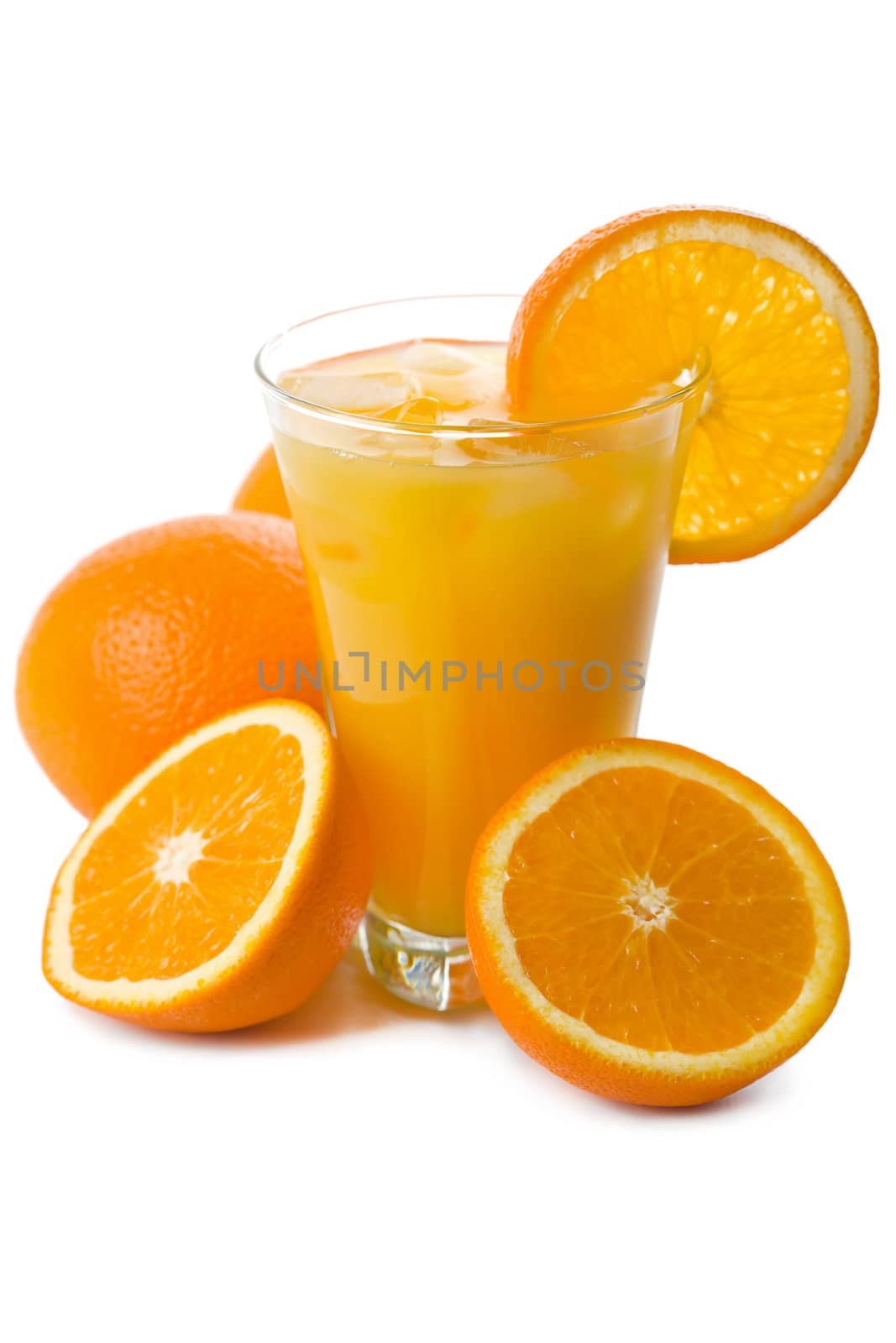 glass of orange juice and oranges isolated
