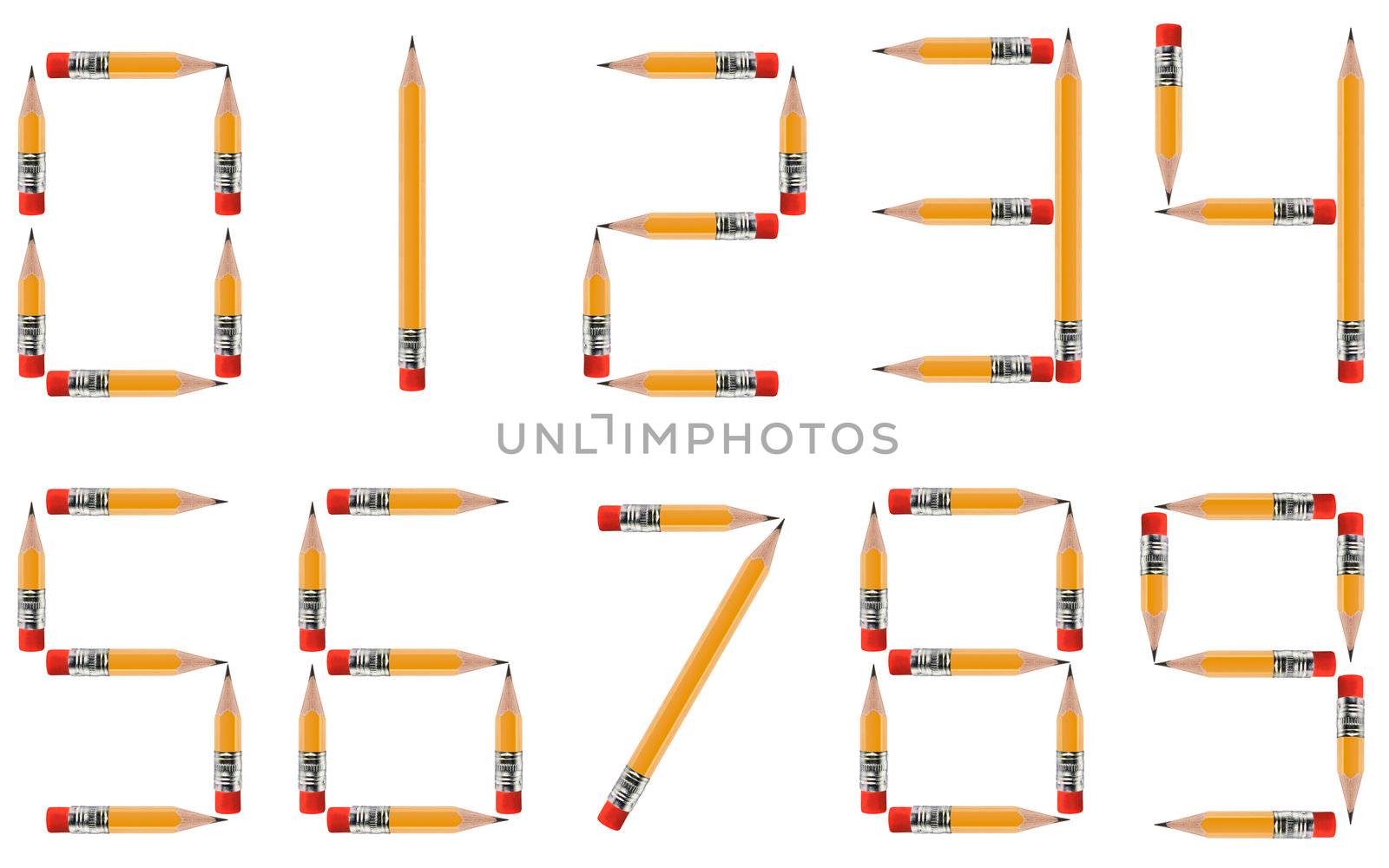 short Pencils isolated on white background arranged to create shape of numbers