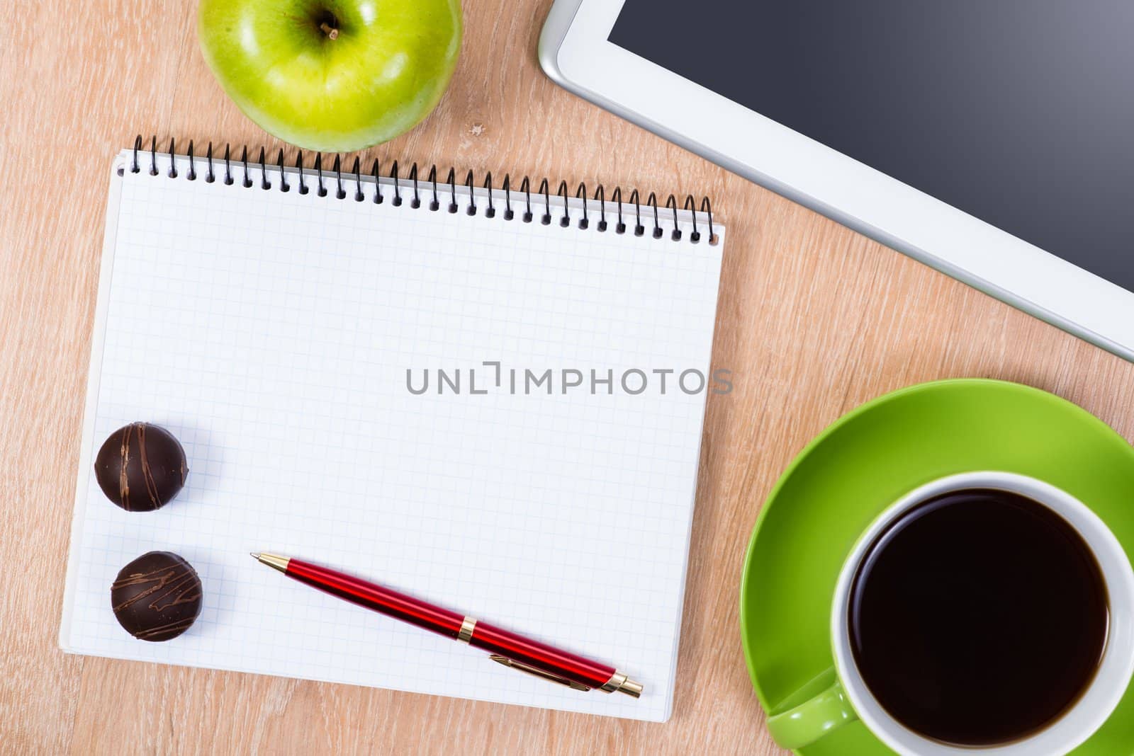 pen, coffee, notepad and tablet, workplace businessman