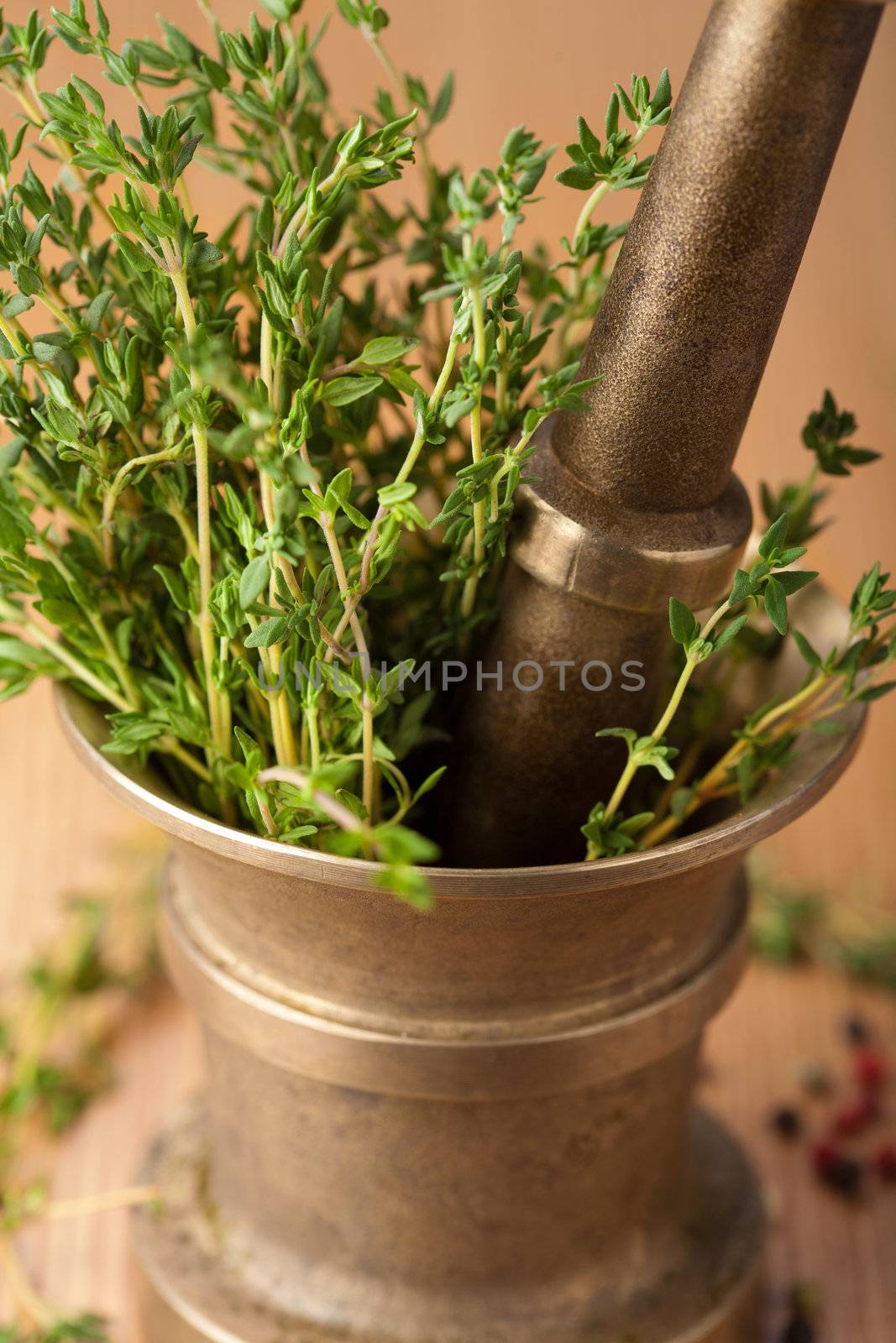copper mortar with herbs
