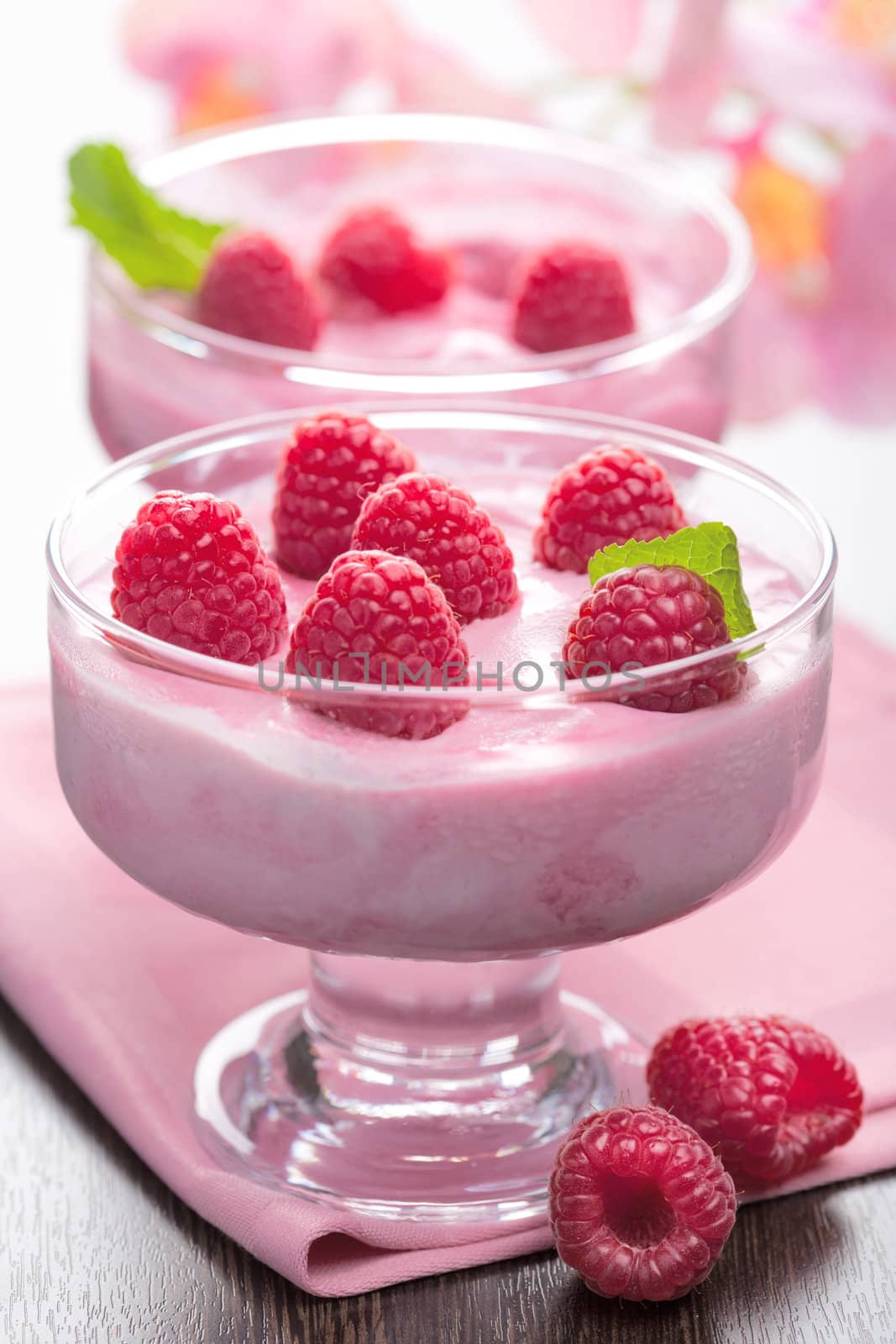 dessert with fresh raspberries 