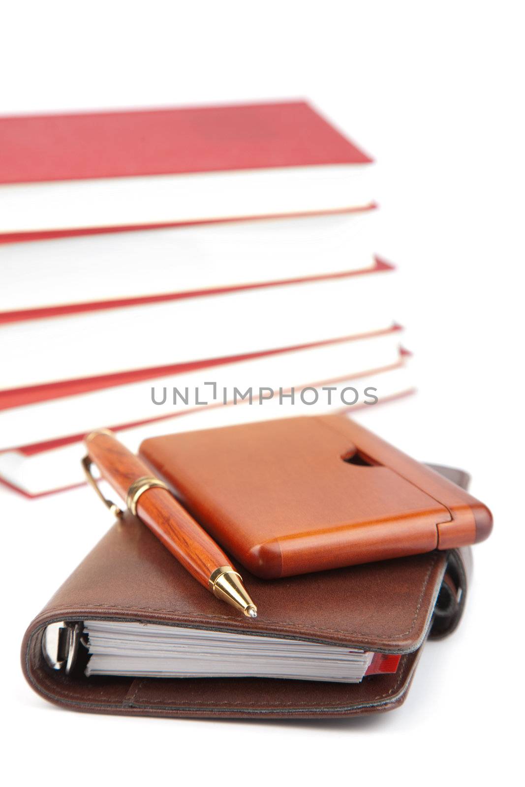 pocket planner and books isolated 