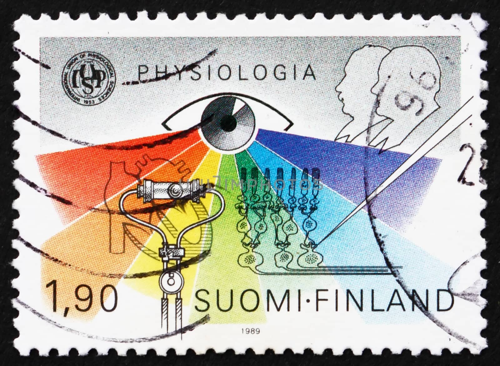 FINLAND - CIRCA 1989: a stamp printed in the Finland shows Emblem of 31st International Physiology Congress, Basel, Switzerland, circa 1989