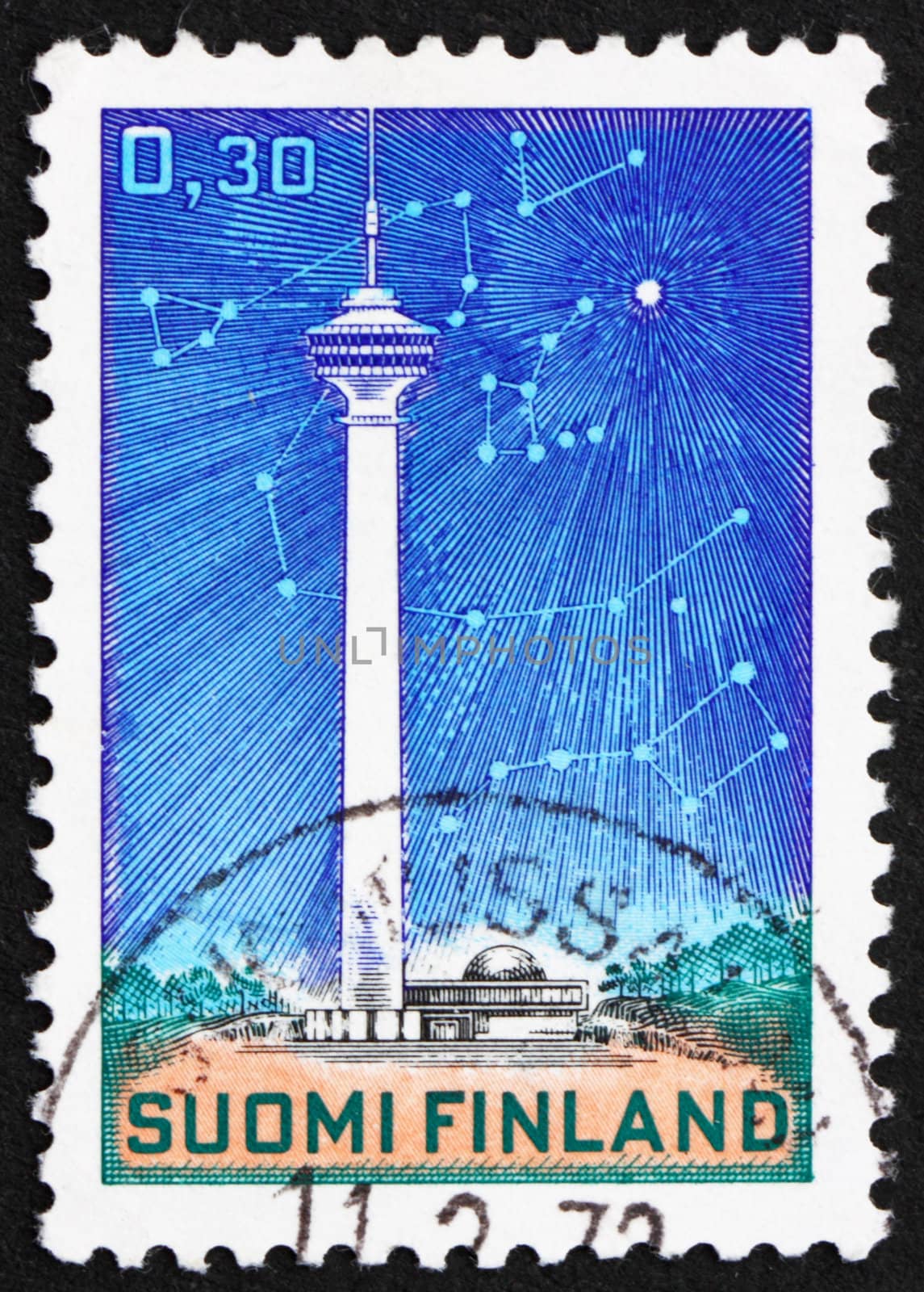 FINLAND - CIRCA 1972: a stamp printed in the Finland shows Telecommunications Tower and Stars, Polaris and Circumpolar Constellations, circa 1972