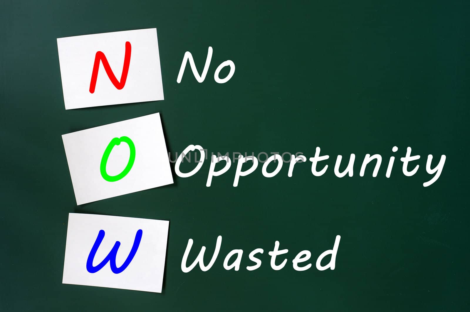 Acronym of NOW - No Opportunity Wasted written on a green chalkboard with sticky notes 