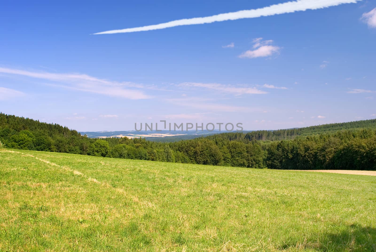 Landscape with the field and followed by an aircraft in the sky