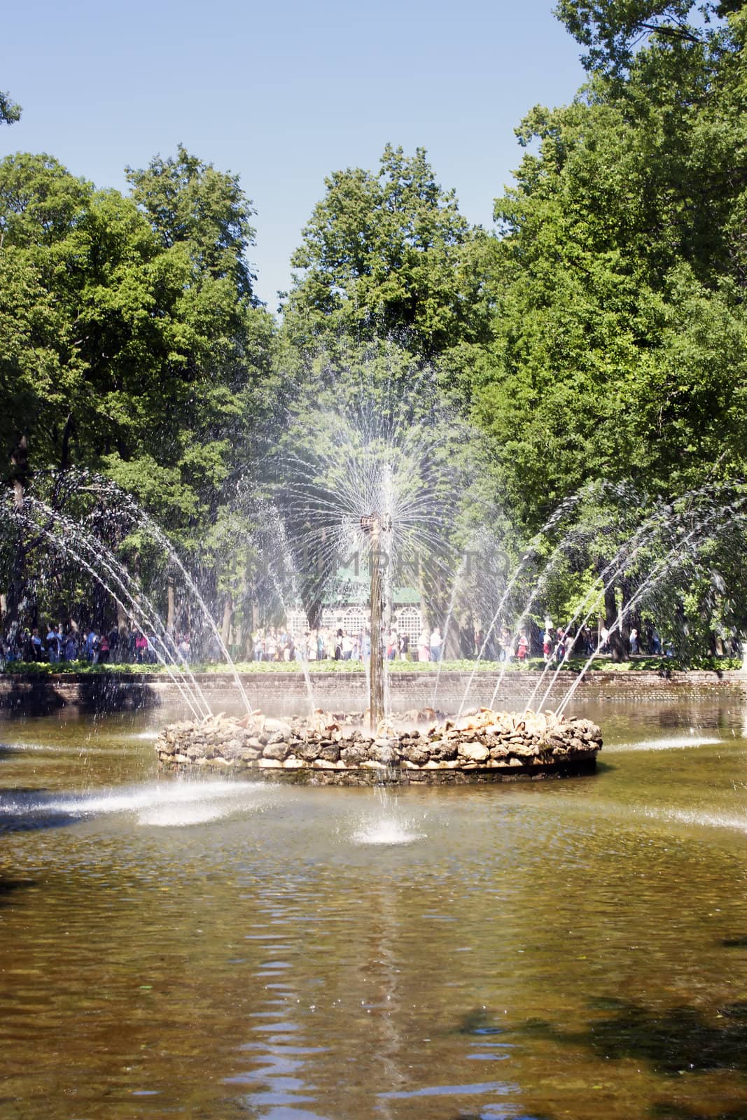 Fountains Sun in Peterhof Palace garden St Petersburg, Russia