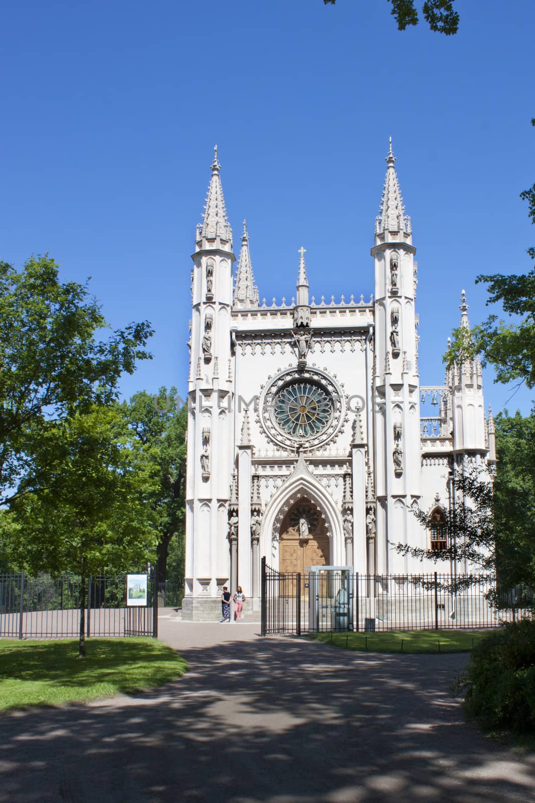 Gothic chapel (St. Alexander Nevsky Orthodox church) in Alexandria park, Peterhof, St. Petersburg, Russia