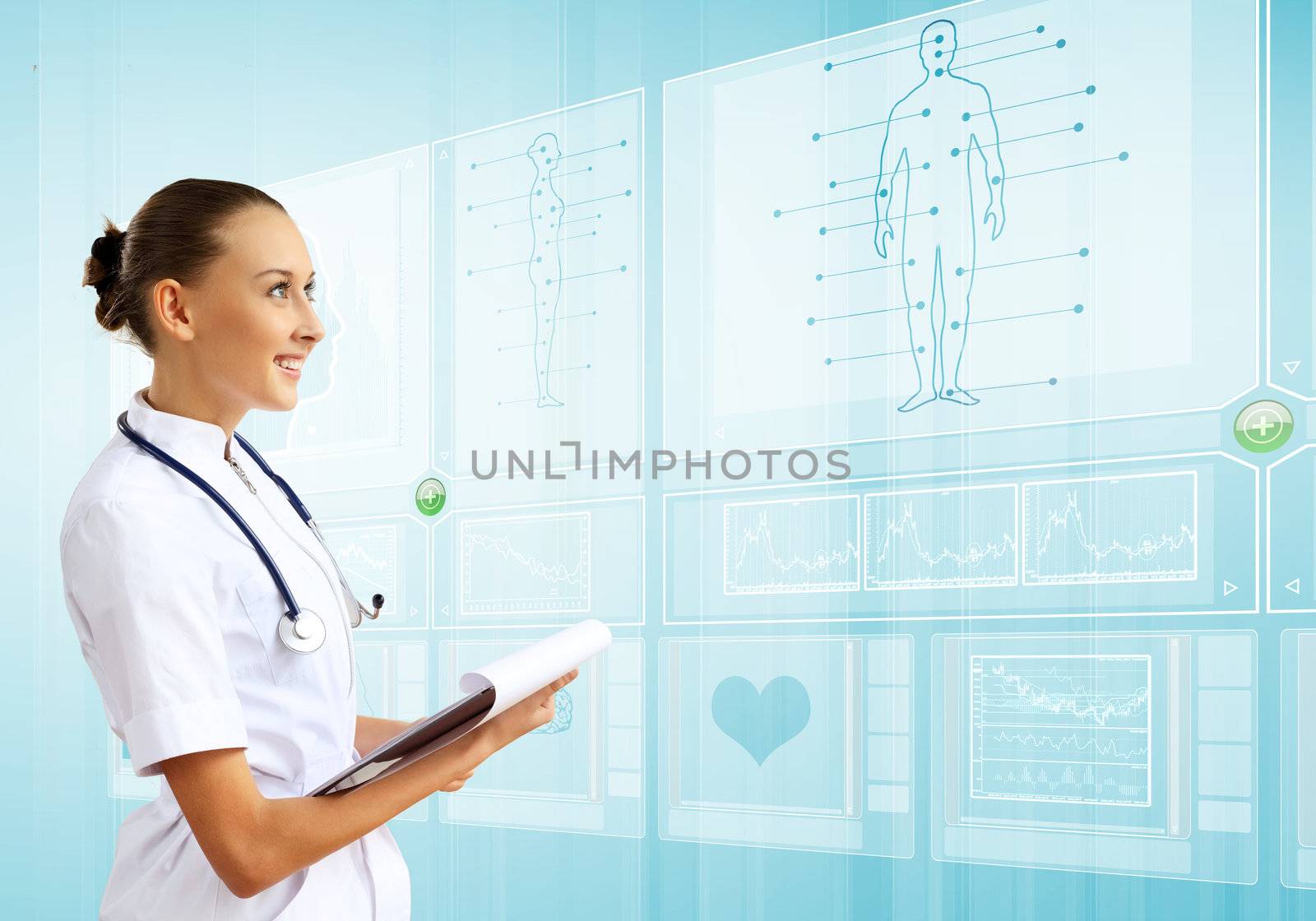 Young doctor in white uniform against technology background