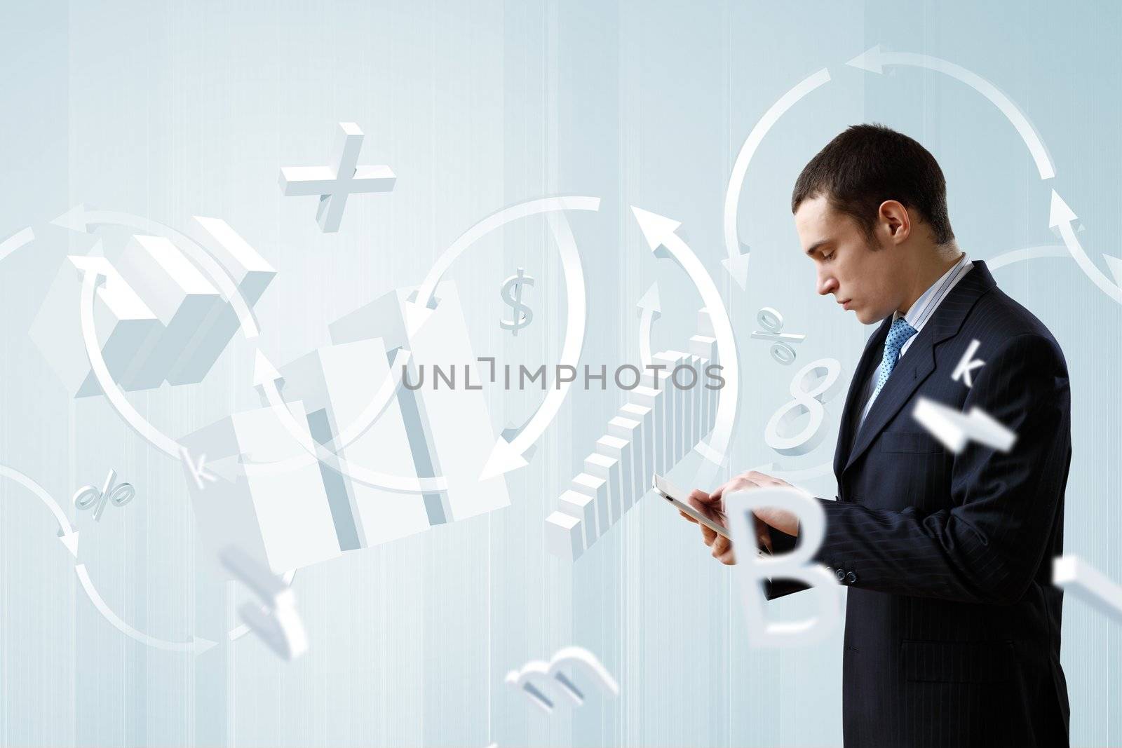 Businessman making presentation against modern technology background