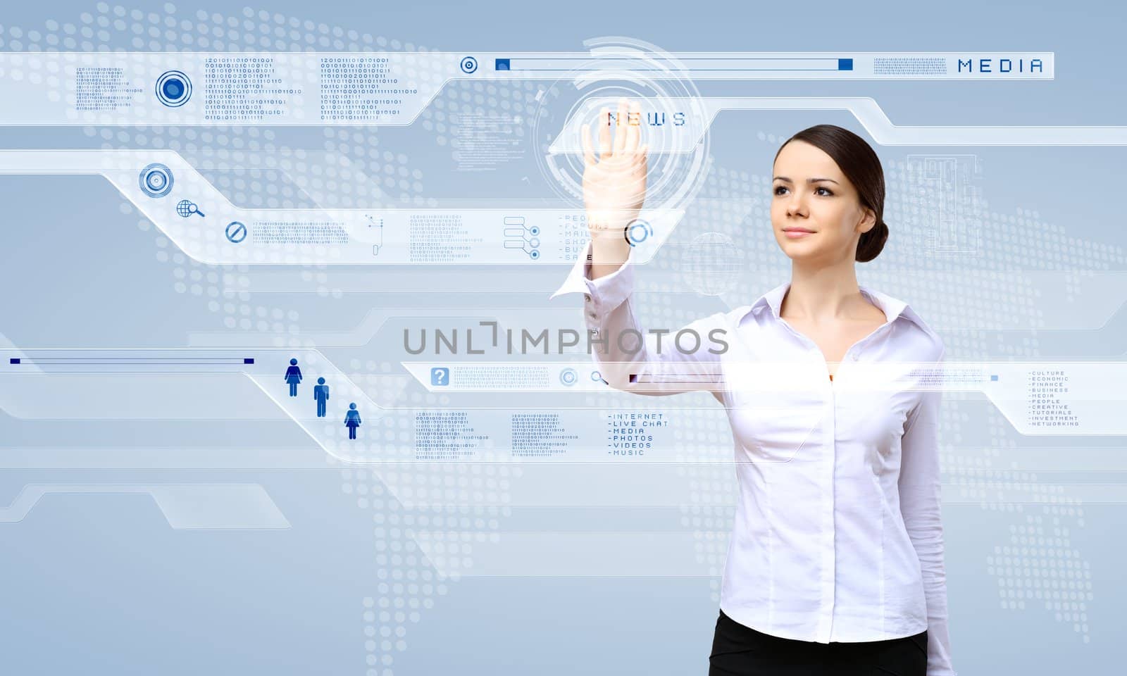 Young woman in business wear working with digital touch screen