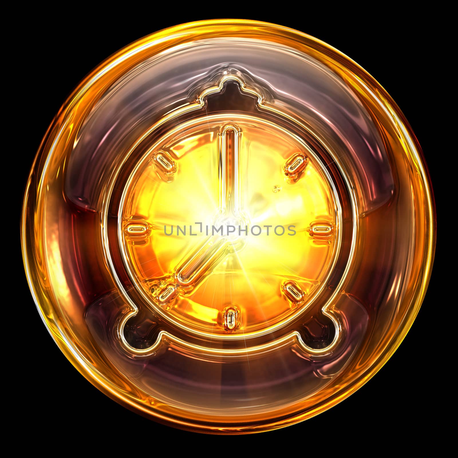 Clock icon golden, isolated on black background